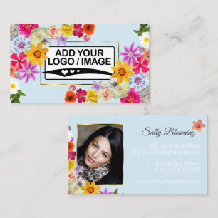 Elegant Wildflower Light Teal with Logo and Photo Business Card
