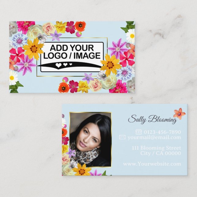 Elegant Wildflower Light Teal with Logo and Photo Business Card (Front/Back)