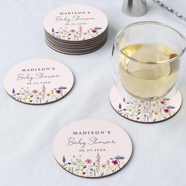 Elegant Wildflower Meadow Blush Pink Baby Shower Round Paper Coaster (Creator Uploaded)