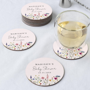 Elegant Wildflower Meadow Blush Pink Baby Shower Round Paper Coaster