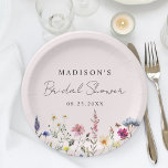 Elegant Wildflower Meadow Blush Pink Bridal Shower Paper Plate<br><div class="desc">Elegant floral bridal shower paper plates featuring a bottom border of watercolor wildflowers and foliage in shades of pink, yellow, purple, blue, and green on a blush pink background. Personalise the wildflower bridal shower paper plates with the bride-to-be's name and the date. The personalised wildflower paper plates are perfect for...</div>