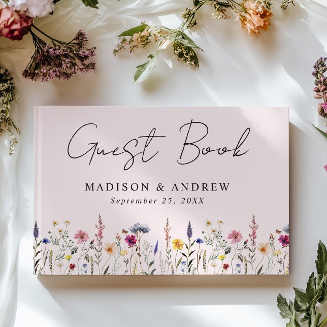 Elegant Wildflower Meadow Blush Pink Photo Wedding Guest Book (Creator Uploaded)