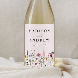 Elegant Wildflower Meadow Blush Pink Wedding Wine Label