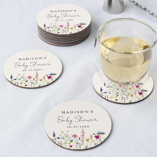 Elegant Wildflower Meadow Cream Baby Shower Round Paper Coaster