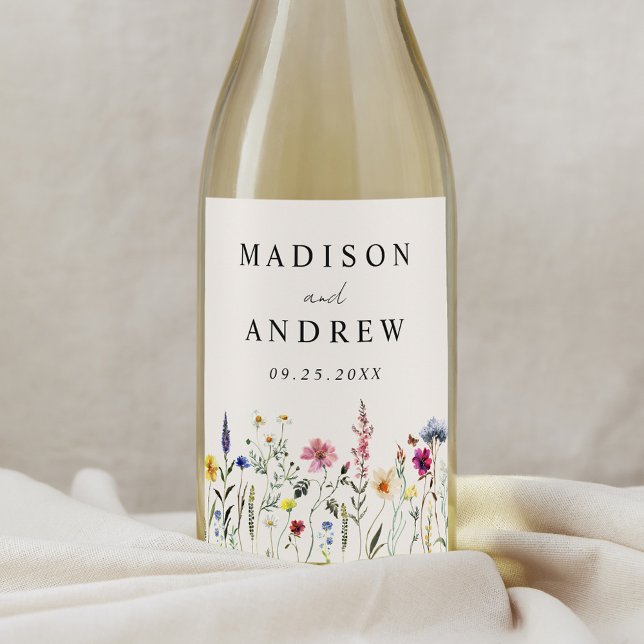 Elegant Wildflower Meadow Cream Wedding Wine Label (Creator Uploaded)