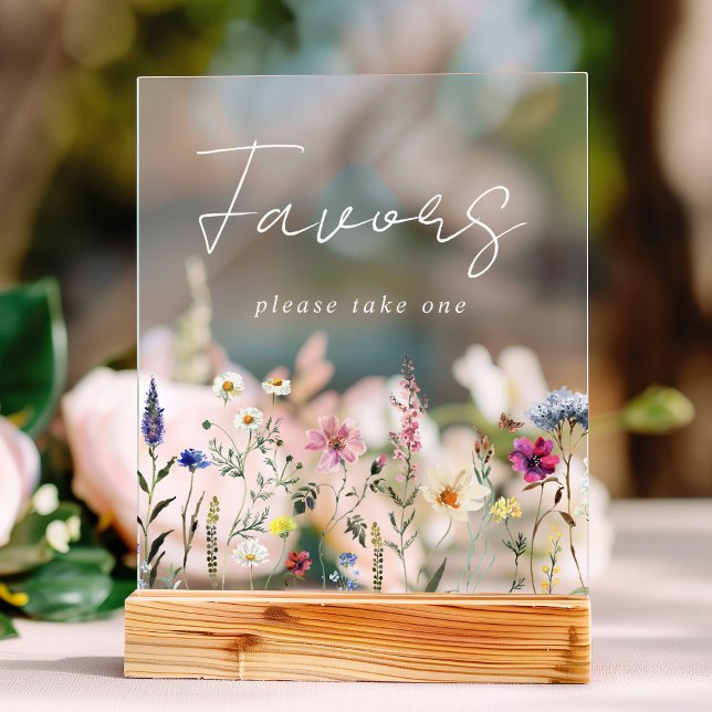 Elegant Wildflower Meadow Favours  Acrylic Sign (Please note: The wooden stand does not come with the sign. Zazzle sells a wood block stand.)