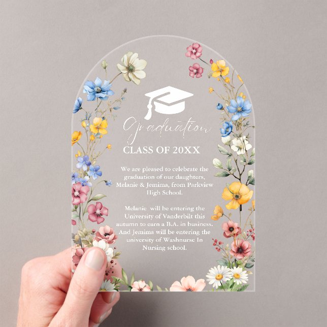Elegant Wildflower Meadow Garden Twin Graduation Acrylic Invitations (Insitu (Handheld))