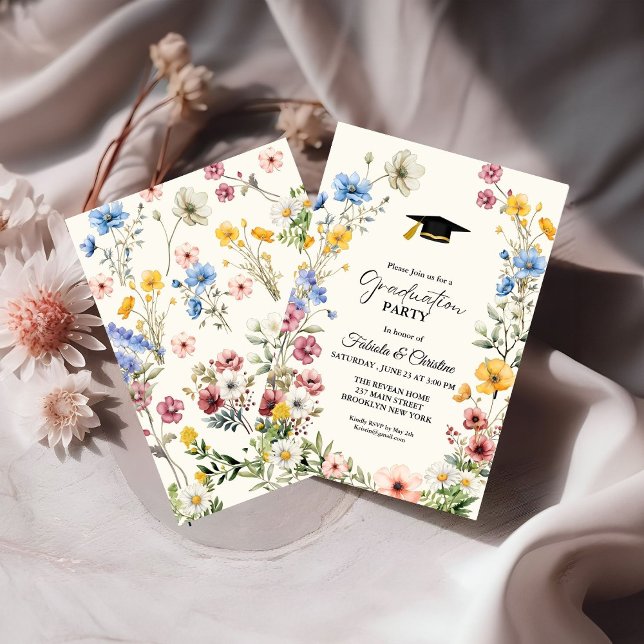 Elegant  Wildflower Meadow Garden Twin Graduation Invitation (Creator Uploaded)