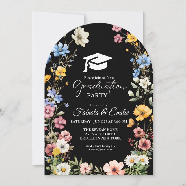 Elegant Wildflower Meadow Garden Twin Graduation Invitation (Front)