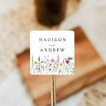 Elegant Wildflower Meadow Wedding Square Sticker<br><div class="desc">Elegant floral wedding stickers featuring a bottom border of watercolor wildflowers and foliage in shades of pink, yellow, purple, blue, and green on a white background. Personalise the wildflower wedding stickers with your names or custom text. The personalised wildflower wedding stickers are perfect for sealing wedding envelopes, favour bags, and...</div>