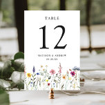 Elegant Wildflower Meadow Wedding Table Number<br><div class="desc">Elegant floral wedding table number cards featuring watercolor wildflowers and foliage in shades of pink, yellow, purple, blue, and green bordering the bottom of the design. The design repeats on the back. The rustic wildflower wedding table cards are perfect for spring and summer weddings. To order the table cards: add...</div>