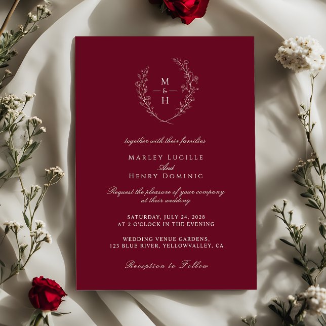Elegant Wildflower Monogram Burgundy Wedding Invitation (Creator Uploaded)