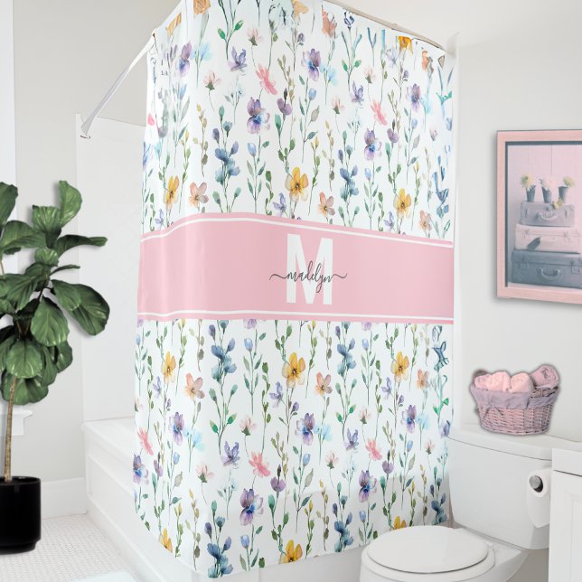 Elegant Wildflower Monogram Shower Curtain (Elegant Wildflower Script Monogram Shower Curtain)