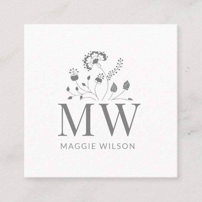 Elegant Wildflower Monogram Square Business Card (Front)