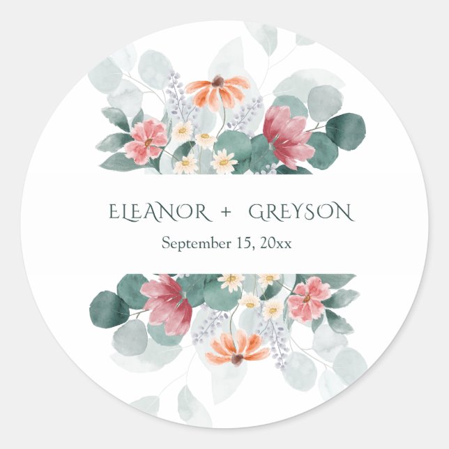 Elegant wildflower monogram wedding classic round sticker (Front)