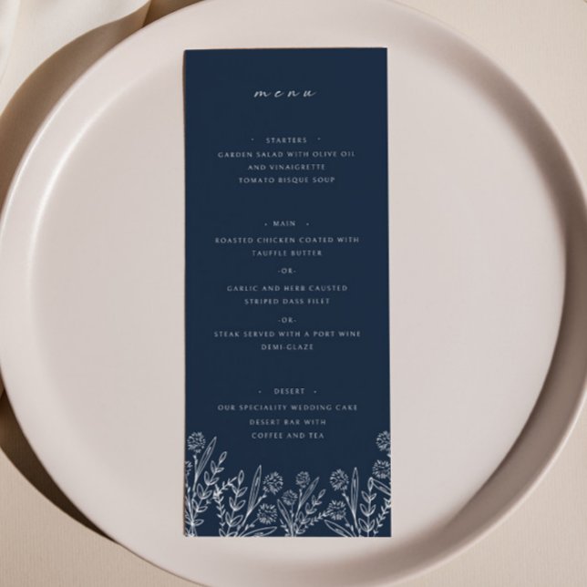 Elegant Wildflower Navy Blue Wedding Dinner Menu (Creator Uploaded)