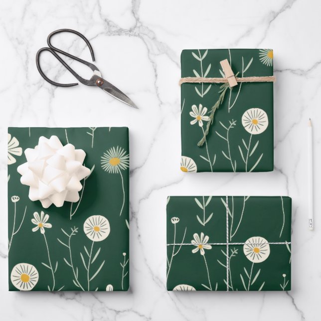 Elegant Wildflower Pattern on Dark Green  Wrapping Paper Sheet (Front)