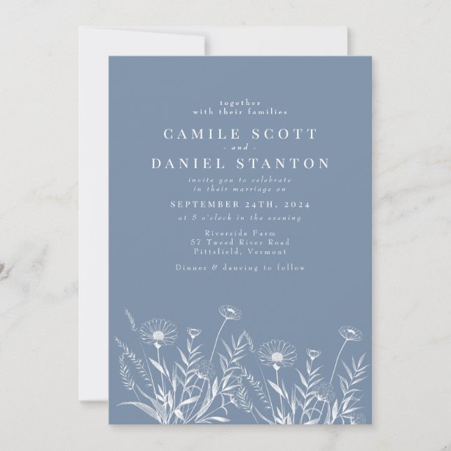 Elegant Wildflower Periwinkle Wedding Invitation (Front)