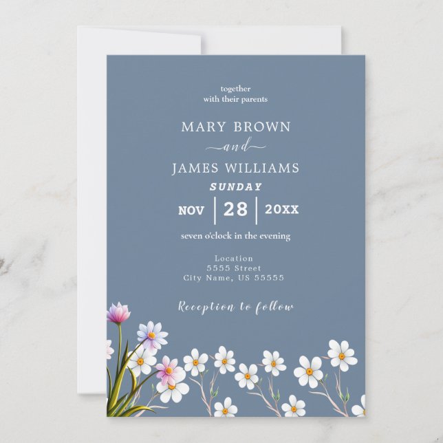 Elegant Wildflower Periwinkle Wedding Invitation (Front)