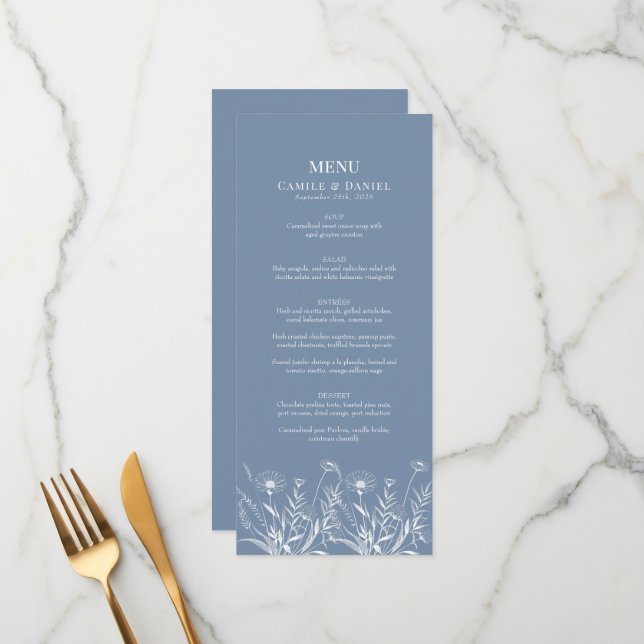 Elegant Wildflower Periwinkle Wedding Menu (Front/Back In Situ)