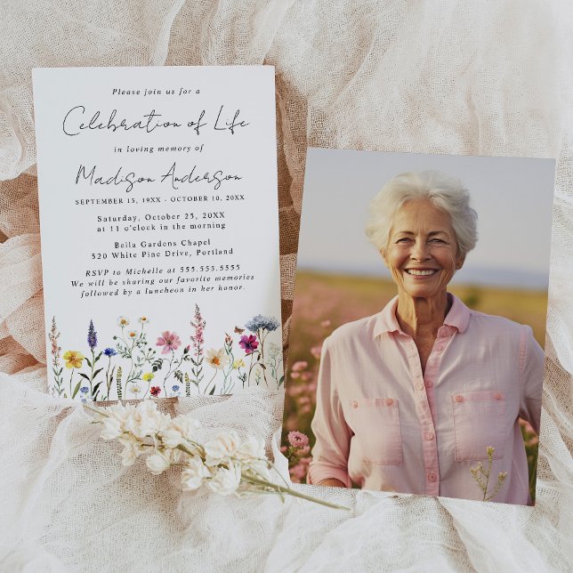 Elegant Wildflower Photo Celebration of Life Invitation (Creator Uploaded)