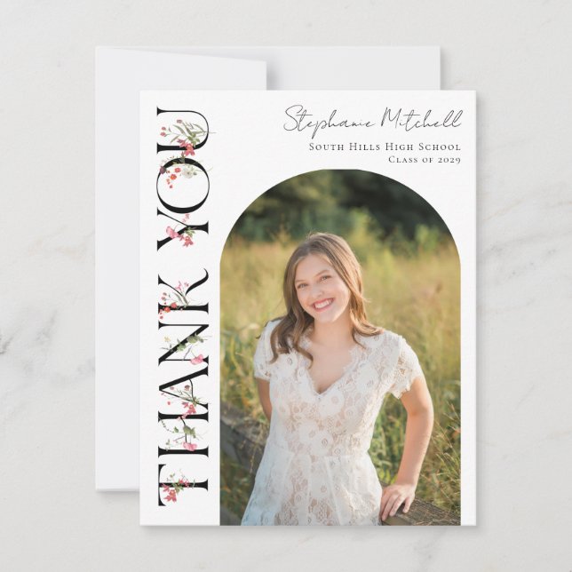 Elegant Wildflower Photo Graduation Thank You Card (Front)