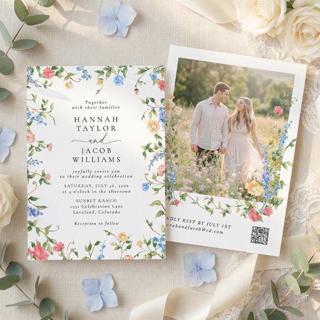 Elegant Wildflower Photo QR Code RSVP Wedding Invitation (Creator Uploaded)
