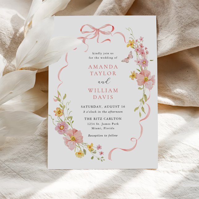 Elegant Wildflower Pink Bow Wedding Invitation (Creator Uploaded)