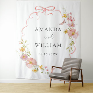 Elegant Wildflower Pink Bow Wedding Tapestry