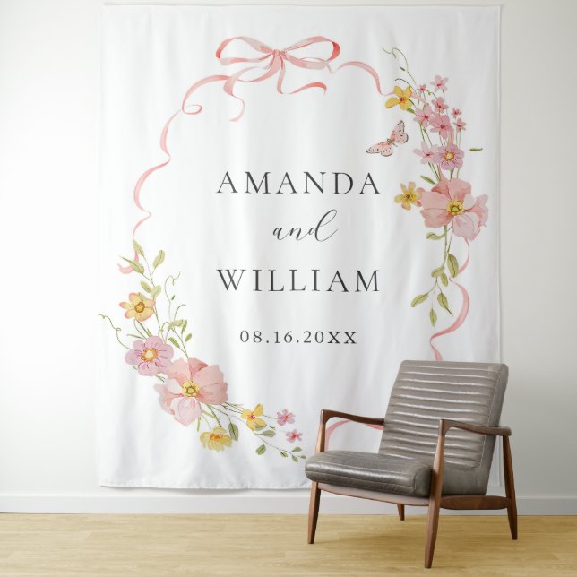 Elegant Wildflower Pink Bow Wedding Tapestry (In Situ)