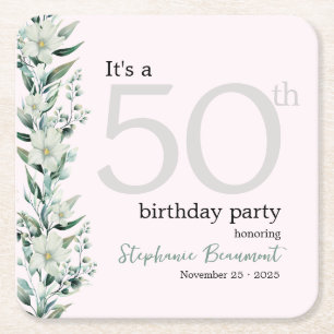 Elegant Wildflower Pink Surprise 50th Birthday Na Square Paper Coaster