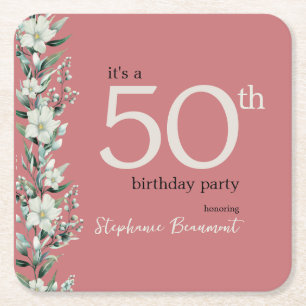 Elegant Wildflower Pink Surprise 50th Birthday Square Paper Coaster