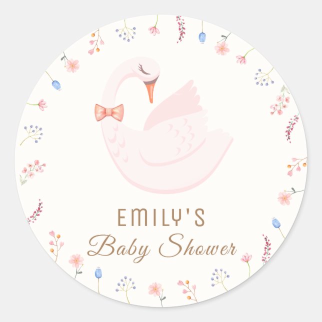 Elegant Wildflower Princess Swan Girl Baby Shower  Classic Round Sticker (Front)