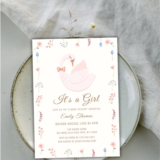 Elegant Wildflower Princess Swan Girl Baby Shower Invitation (Elegant Wildflower Princess Swan Girl Baby Shower Invitation)