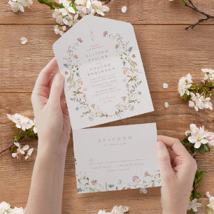 Elegant Wildflower Rustic Boho Wedding monogram All In One Invitation