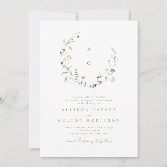 Elegant Wildflower Rustic Boho Wedding monogram Invitation (Front)