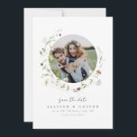 Elegant Wildflower Rustic Boho Wedding monogram Save The Date<br><div class="desc">Elegant delicate watercolor wildflower wreath frames couple's picture, with custom your own event details. Pastel palettes of soft yellow, off white, beige, dusty rose, blush pink, burgundy, and botanical greenery, simple and romantic. Great photo save the date cards for modern rustic wedding, country garden wedding, and boho wedding in spring...</div>