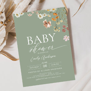 Elegant Wildflower Sage Green Boho Baby Shower Invitation