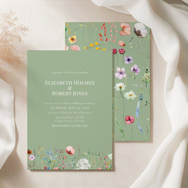 Elegant Wildflower Sage Green Wedding Invitation (Elegant Wildflower Sage Green Wedding Invitation on a silk tablecloth with botanicals)