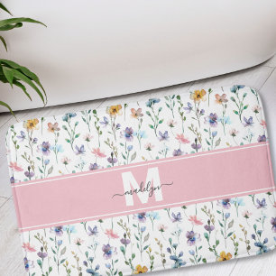Elegant Wildflower Script Monogram Bath Mat