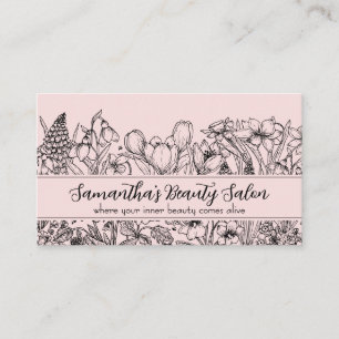 Elegant Wildflower Sketch Blush Pink Blac QR Code Business Card