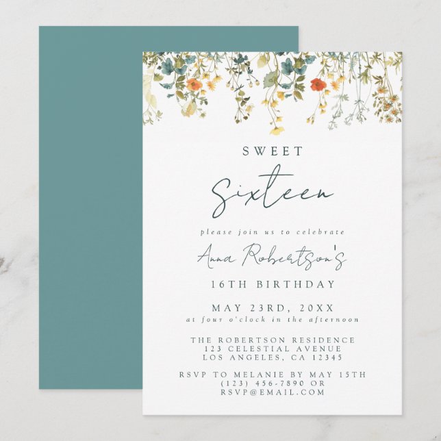 Elegant Wildflower Sweet 16 Birthday Invitation (Front/Back)