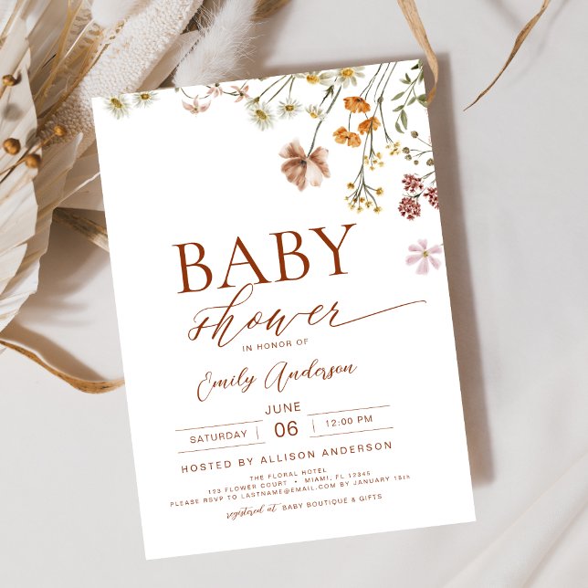 Elegant Wildflower Terracotta Boho Baby Shower Invitation (Creator Uploaded)