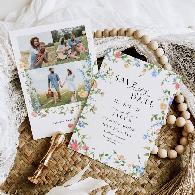 Elegant Wildflower Three Photo Wedding Save The Date (Creator Uploaded)