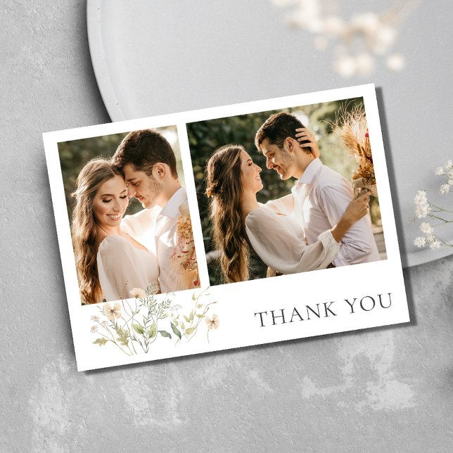 Elegant Wildflower Two Photo Wedding Thank You  Card (Elegant Wildflower Two Photo Wedding Thank You)
