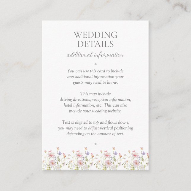 Elegant Wildflower Vintage Garden Wedding Details Enclosure Card (Front)