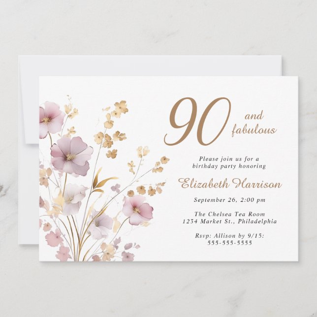 Elegant Wildflower Watercolor 90th Birthday Party Invitation (Front)