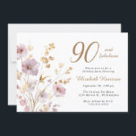 Elegant Wildflower Watercolor 90th Birthday Party Invitation<br><div class="desc">An elegant 90th birthday party invitation that features "90 and fabulous" written in modern gold typography and a chic gold script,  a boho-inspired watercolor bouquet of dainty purple,  pink and gold wildflowers and the party details in simple modern typography.</div>