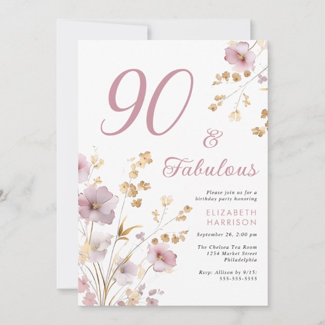 Elegant Wildflower Watercolor 90th Birthday Party Invitation (Front)
