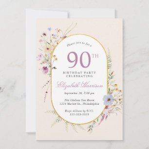 Elegant Wildflower Watercolor 90th Birthday Party Invitation